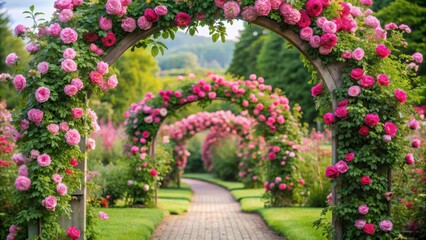 Fototapeta premium Pink Rose Archway in a Beautiful Garden , garden feature, garden design, garden feature, garden design