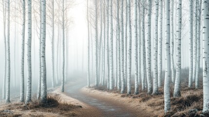 Naklejka premium Misty path through a birch forest.