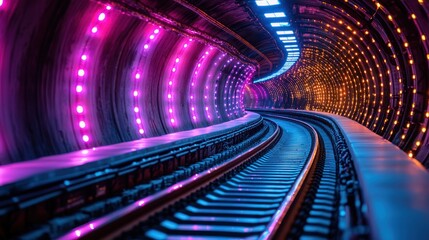 Fototapeta premium Neon Lights Metro Tunnel: A Vibrant Railway Journey