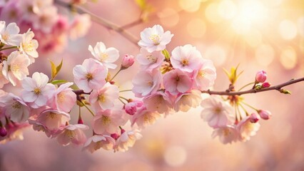 Softly unfurling tender pink blossoms against a warm light background, showcasing delicate petals and gentle texture , serene landscape, tender blossom