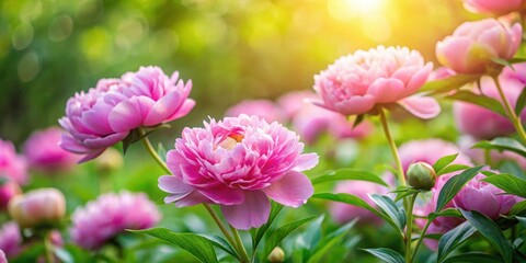 Delicate pink peony flowers in a lush garden surrounded by greenery and a soft focus effect