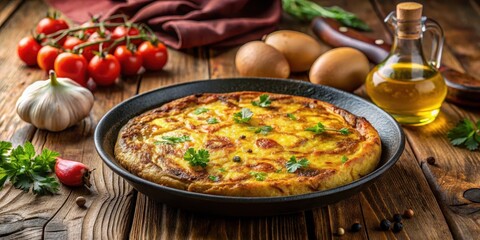 Spicy tortilla de patatas cooked in a pan on a wooden table with olive oil and garlic, pan, kitchen, pan, kitchen, cooking