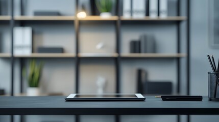 sleek office space with black metal shelves, a desk with a tablet and a stylus, glowing softly against a neutral grey bokeh background