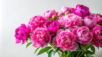Vibrant pink peonies arranged in a loose bouquet against a soft white background