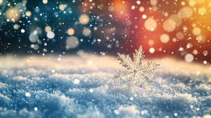 Fototapeta premium A delicate snowflake rests on soft snow, surrounded by a dreamy, colorful winter atmosphere.