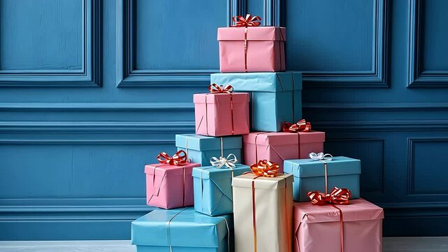 A stack of beautifully wrapped gifts set against a blue wall.