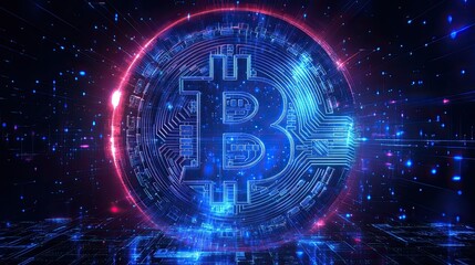 Obraz premium A digital hologram showcasing blockchain technology, cryptocurrency transactions, and bitcoin innovation is a futuristic abstract representation of decentralized money. 