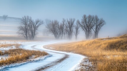 Obraz premium Winding snowy road through winter landscape with bare trees and fog.