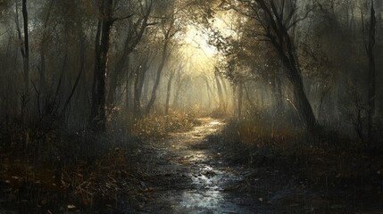 Obraz premium Mystical forest path with sunlight filtering through dense trees and foliage, leading to a bright area.