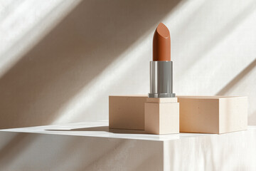 Luxurious brown lipstick on minimalist display with soft shadows. Generative Ai