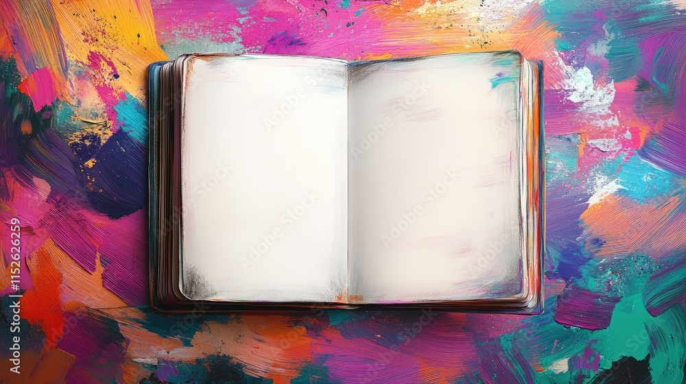 Poster a blank sketchbook open on a colorful background, top view showcasing the empty pages with bright hu