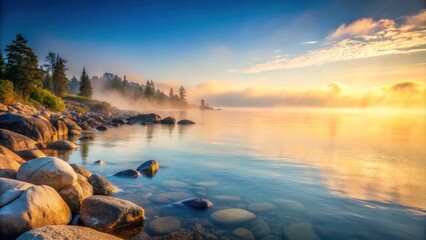 Softly glowing morning fog wraps around a rocky shoreline