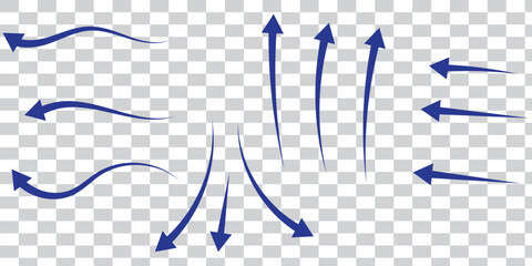 Air flow. Set of blue arrows showing direction of air movement. Wind direction arrows. Blue cold fresh stream from the conditioner. Vector illustration isolated on white background.