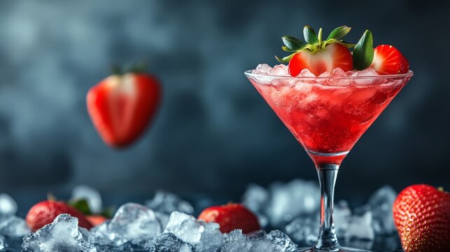 A refreshing strawberry cocktail garnished with fresh strawberries, served in a glass over crushed ice, set against a dark, moody background.