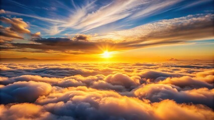 A serene landscape with a warm sunrise peeking through the gaps in a thick layer of fluffy white clouds, casting a soft golden glow on the terrain , landforms, warm light