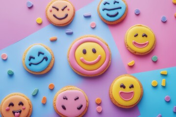 Obraz premium Colorful Emoji Cookies Decorated On Pastel Background