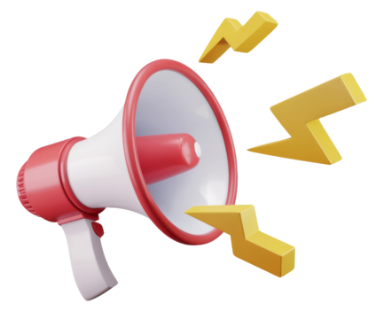 Red megaphone with lightings isolated. Close up breaking news metaphor, disclosure of information concept. 3d rendering.