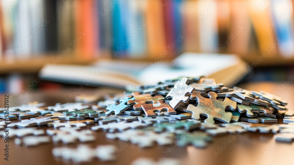 Poster A comprehensive puzzle-solving setup in a quiet library, Puzzle pieces and a partially completed puzzle neatly arranged on a table, Minimalist intellectual style