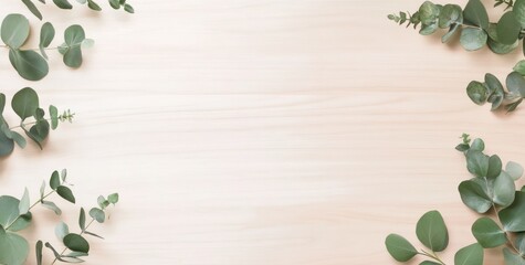 Naklejka premium Eucalyptus leaves frame on light wood background. (1)