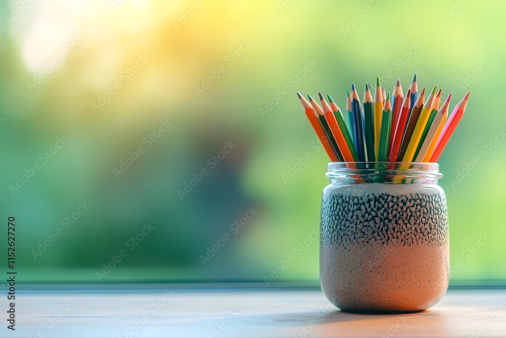 Poster workspace with a tiny cactus plant in a ceramic pot and a set of colorful pencils in a jar, glowing softly against a muted green bokeh background