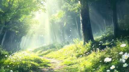 Fototapeta premium Sunbeams illuminate a magical forest path, wildflowers line the way.