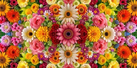 Colorful flowers arranged in a symmetrical pattern on a seamless wallpaper background, wallpaper, flowers