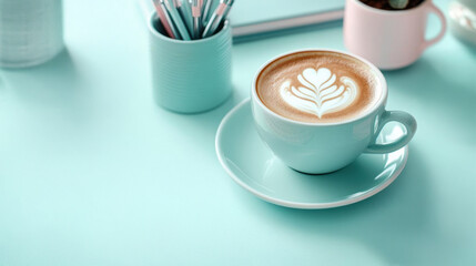 A serene coffee scene featuring a latte in a pastel cup, with artistic foam design, surrounded by stationery on a mint-colored surface, 3D Love background.