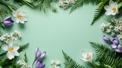 Spring floral frame with white and purple crocus flowers, green ferns, and greenery on a mint green background.