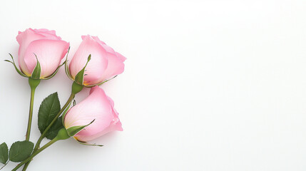 Three delicate pink roses with green leaves, arranged on a light background, symbolizing love and beauty, 3D Love background.