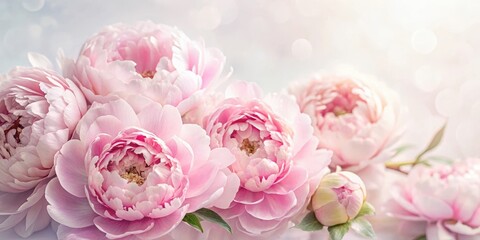 Soft pink peony flowers with delicate petals and intricate details against a pure white background, soft colors, beautiful flowers