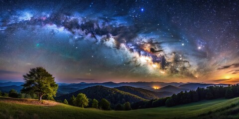 Fototapeta premium A stunning visual of the Milky Way rising over Alabama's rolling hills and mountains at night, with a few scattered trees casting shadows on the ground, mountains, trees
