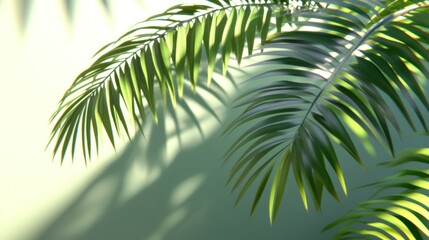 Fototapeta premium Lush green palm leaves cast shadows on a pastel green background.