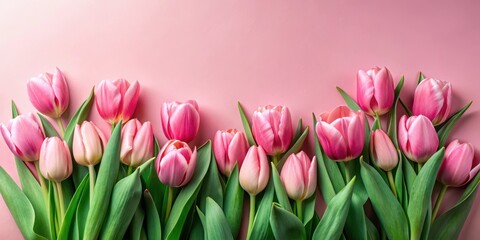 Obraz premium Tulip blooms on a soft pink paper background with delicate green stems and leaves, surrounded by lush foliage , spring blooms, spring flowers