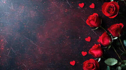 A romantic arrangement of red roses and heart shapes on a dark background, symbolizing love and affection, 3D Love background.