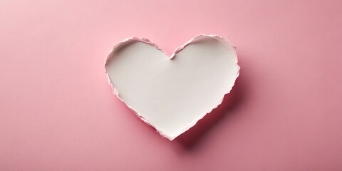 White paper heart with torn edges floats in a sea of soft pink background, paper, vulnerability,  paper