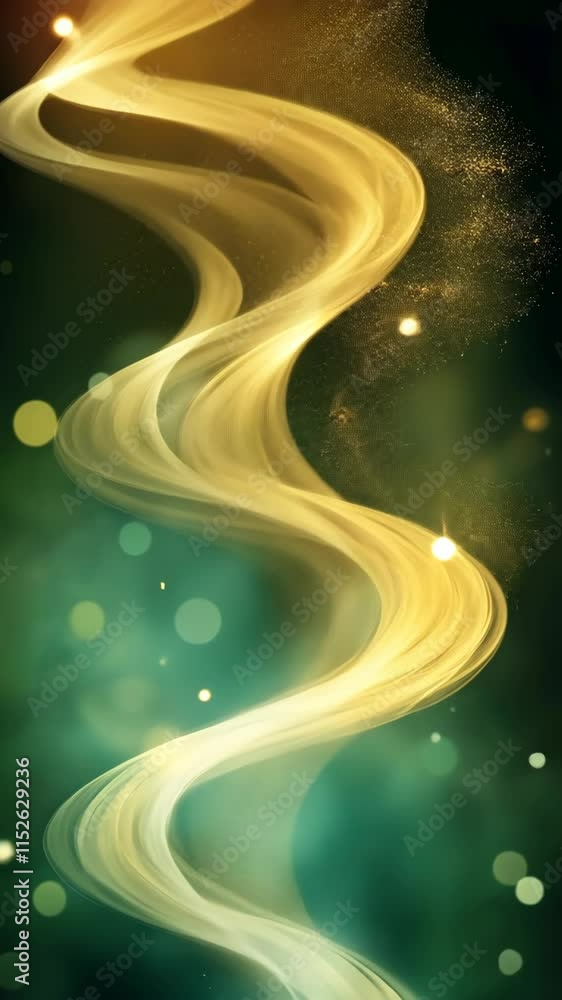 Poster abstract golden swirl with soft glowing orbs on a dark teal background creating a mystical atmospher