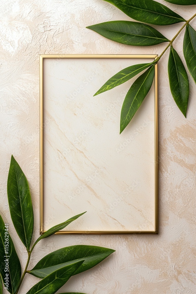 Poster a gold frame with a white background and a leaf on the left side