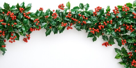 Festive holly berry garland border on white background.