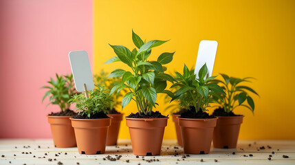 Fototapeta premium Five thriving seedlings in terracotta pots, vibrant green leaves against a sunny yellow and pink backdrop. New life and growth!