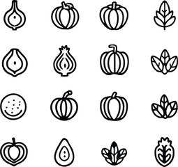  Vegetables line icon set. Containing tomato, mushroom, carrot, corn, eggplant, beetroot, potato, lettuce and more icons vector illustration black and white background