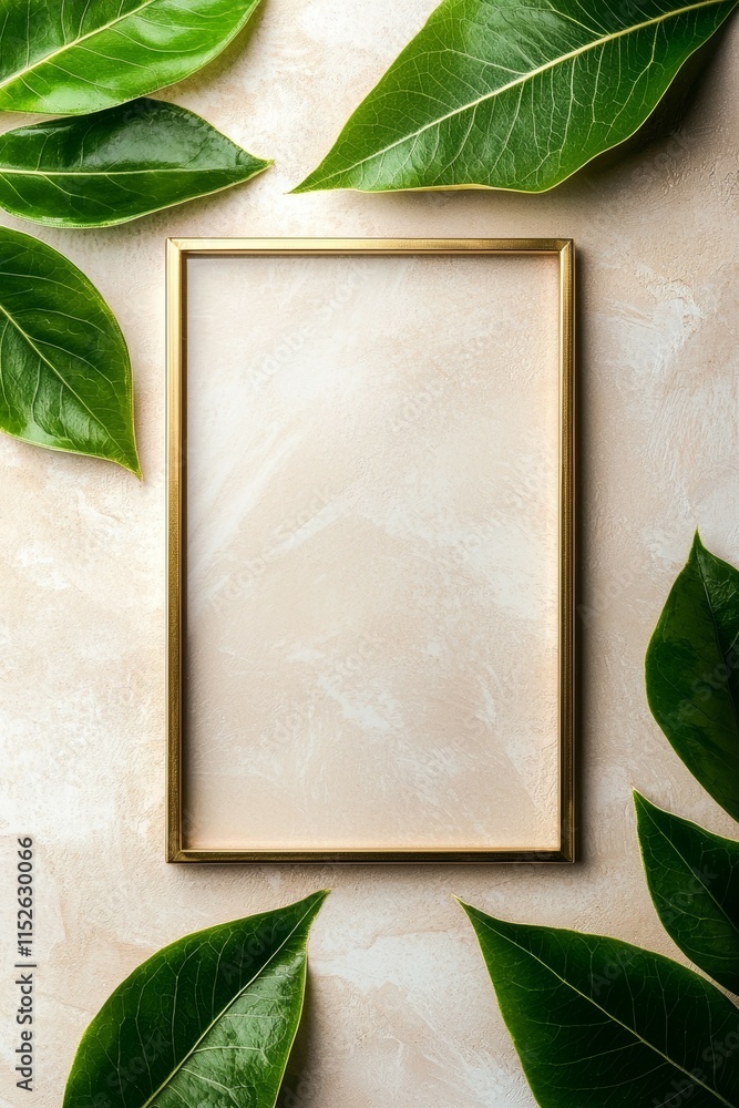Poster a gold frame with a white background and a green leaf on the left side
