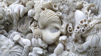 A detailed arrangement of intricate, white coral-like structures and organic forms.