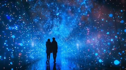 A serene silhouette of a couple standing close in front of a dark, star-filled sky, illuminated by soft blue and white lights, evoking a peaceful and romantic mood.




