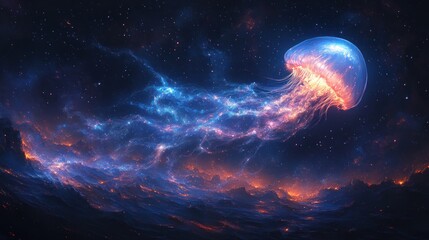Obraz premium A glowing jellyfish swims through a cosmic landscape filled with stars and vibrant colors.