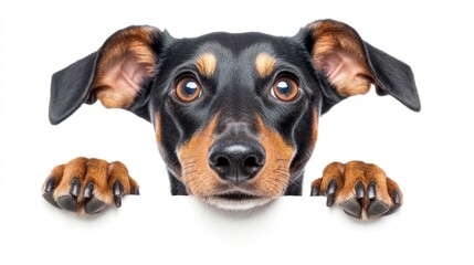 Obraz premium Cute dog peeking over white background.