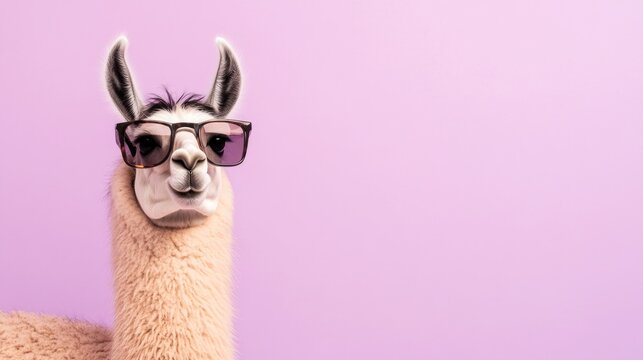Llama wearing sunglasses against purple background.