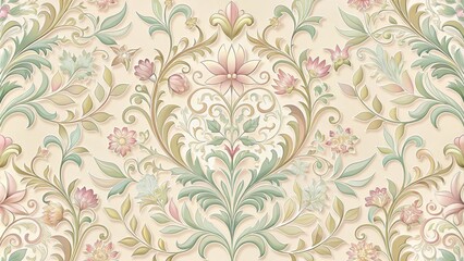 Elegant floral damask with curved stems and leaves in soft pastel shades, set against a cream background, elegant design, ornate decoration