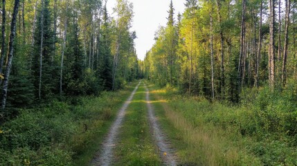 Obraz premium Dirt road through lush green forest.