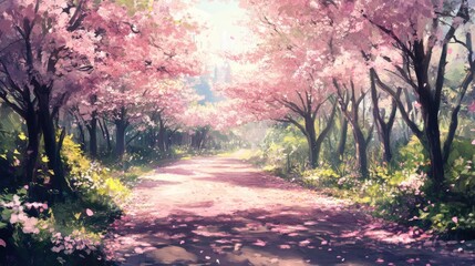 Fototapeta premium Sunlit path through a blooming cherry blossom forest.