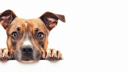 Obraz premium Curious brown dog peeking over white background.